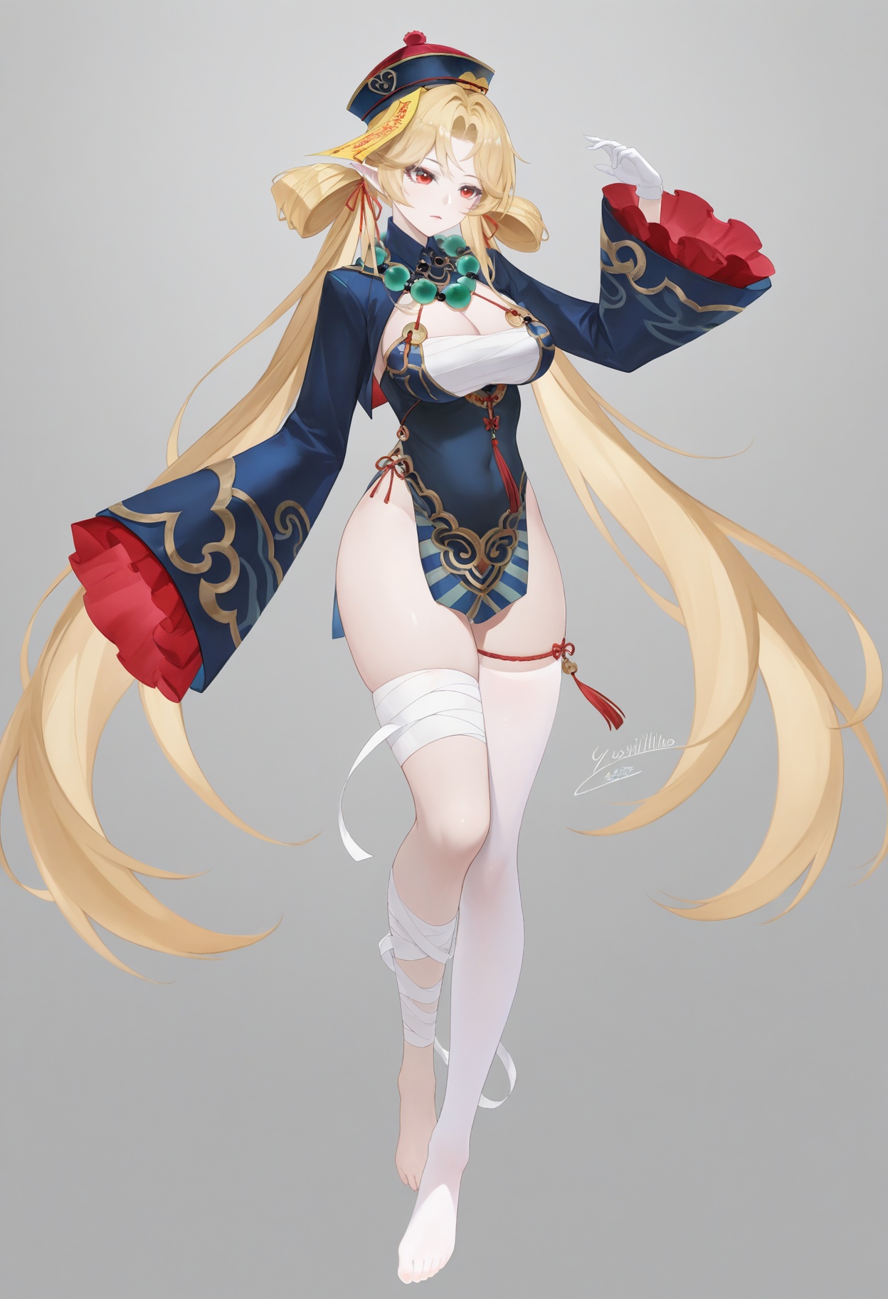 front view,((((full_body:1.4)))),(artist:kousaki rui:0.4),(artist:agm:0.6),(artist:arutera:0.6),masterpiece,hyper quality,amazing quality,absurdres,signature,(((((signature:yushililuo:1.5))))),solo,1girl,standing,simple background,white_background,eyeshadow,<lora:九幽离魄·希望神女:1>,xiwang,1girl,long hair,bangs,blonde hair,red eyes,hat,ribbon,hair ribbon,pointy ears,red ribbon,ofuda,talisman,breasts,cleavage,jewelry,necklace,hair rings,beads,jiangshi,bead necklace,qing guanmao,large breasts,thighhighs,gloves,long sleeves,dress,very long hair,jacket,white gloves,white thighhighs,hat,barefoot,pointy ears,wide sleeves,bandages,single thighhigh,bandaged leg,jiangshi,