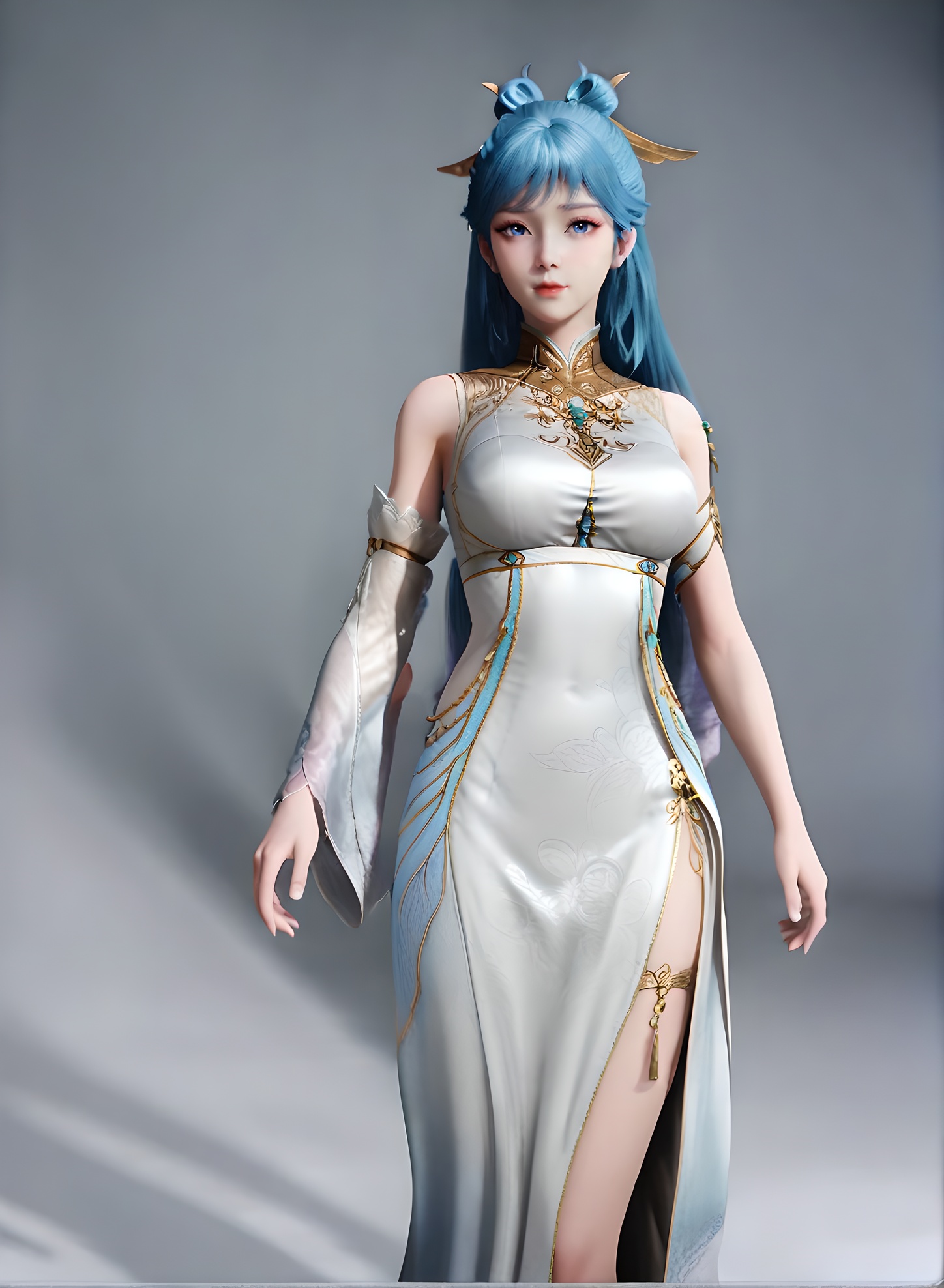 fair_skin,white_skin,Ivory_skin,score_9,<lora:SF_WangDongEr_Pony_Realism-000004:0.7>,hair ornament,dress,china dress,blue hair,1girl,breasts,large breasts,standing,detached sleeves,solo,looking at viewer,simple background,