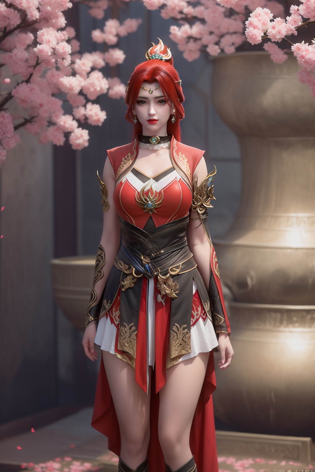 photo_\(medium\),(8k, RAW photo, best_quality),(masterpiece:1.2),(realistic:1.2),(photorealistic:1.3),(ultra-detailed),(extremely_detailed_cg_8k_wallpaper),(crystal_texture_skin:1.3),(shiny:1.2),(shiny_skin:1.4),(extremely_delicate_and_beautiful),petals,flower,sky,cherry blossoms,falling petals,fair skin,landscape,full_shot,shenfengTangHuoEr,1girl,solo,dress,armor,standing,arms at sides,torogao,breasts,hair bun,jewelry,hair ornament,earring,red lips,realistic,looking at viewer,<lora:shenfengTangHuoEr_20240805135407-000003:0.7>,
