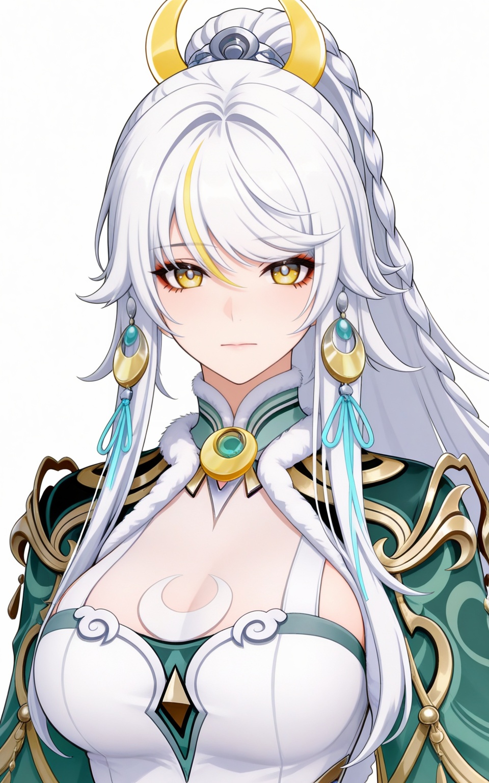 depth of field,masterpiece,best quality,very aesthetic,alternate costume,alternate costume,2024,2023,perfect composition,ultra-detailed,extreme aesthetic,masterpiece,best quality,good quality,newest,year 2024,year 2023,very aesthetic,absurdres,looking_at_viewer,colorful,<lora:兹白·ILL:0.8>,white hair,multicolored hair,streaked hair,blonde hair,yellow eyes,high ponytail,very long hair,zibai crescent moon hair ornament,zibai yellow ribbon,zibai braid,clothes:zibai chinese clothes,zibai green and white dress,zibai long sleeves,zibai wide sleeves,zibai gold trim,zibai fur trim,1girl,solo,breasts,looking at viewer,white background,upper body,closed mouth,jewelry,simple background,