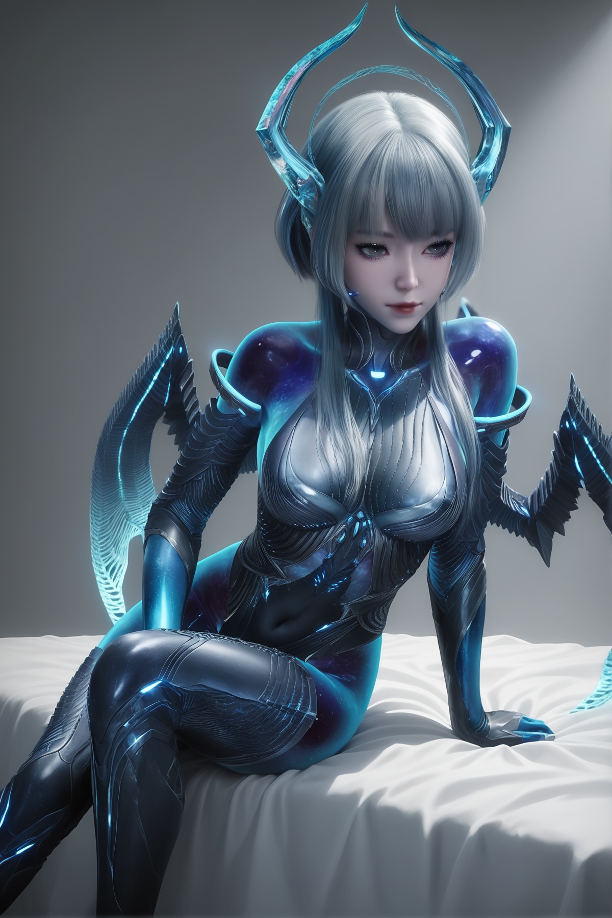 masterpiece,best quality,realistic,cinematic,detail eyes,(ultra-detailed),perfect composition,intricate details,absurdres,detailed face,high quality,high res,8K,<lora:X_babata_IL3.0:0.8>,grey hair,grey eyes,1girl,horns,long hair,breast,medium breast,hair_ornament,bodysuit,wings,sitting,simple background,bed,