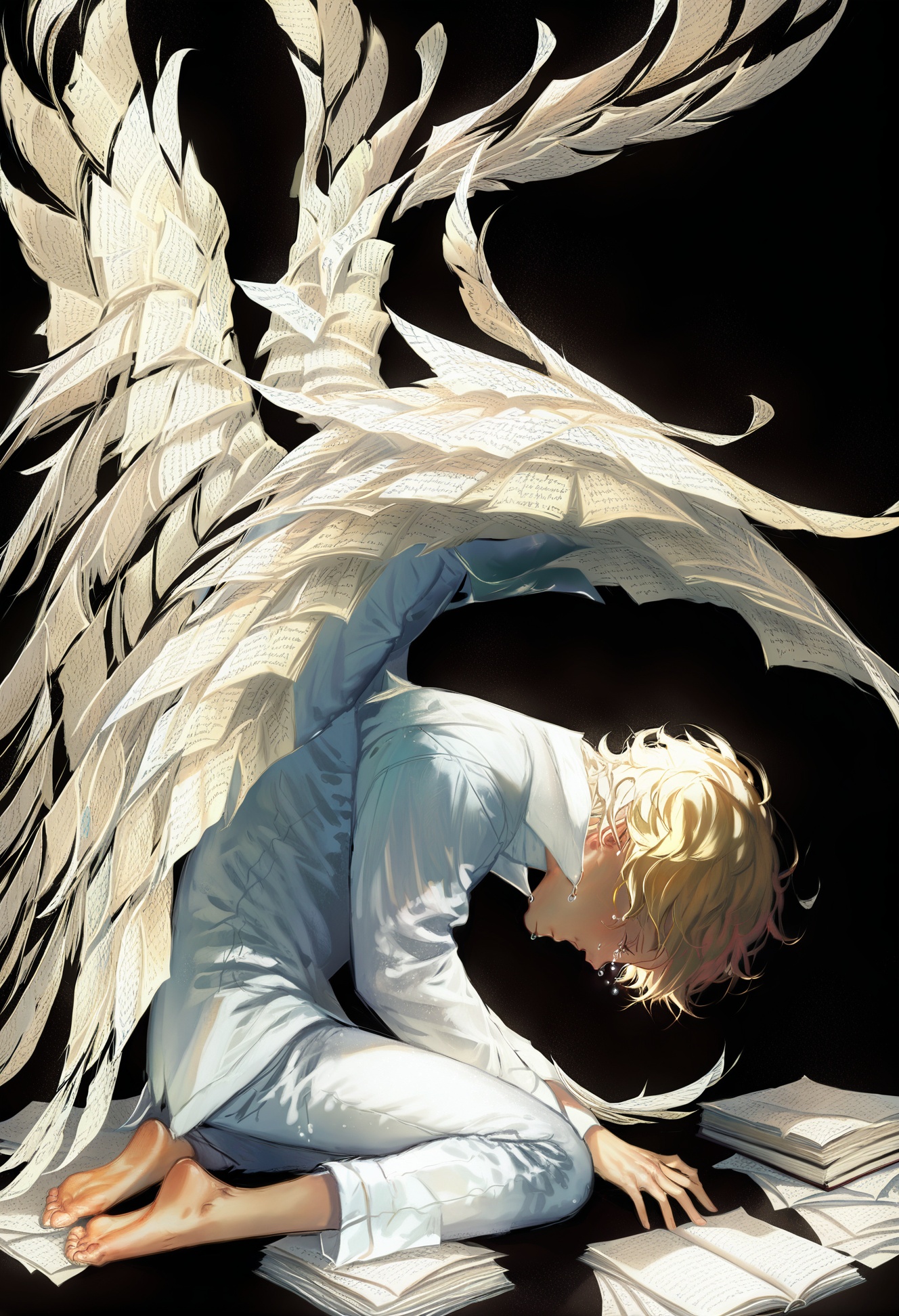 masterpiece, best quality,1boy, male focus,   barefoot, wings, solo, sitting, shirt, paper, black background, short hair, white shirt, from side, book, long sleeves, profile, crying, soles, blonde hair, horns, simple background, on floor, full body, feathered wings, on paper, pants, wariza, tears, closed eyes, white wings, white pants, demon boy, glowing, child, feathers, parted lips <lora:YuuXLlokr8f-000186:0.95>