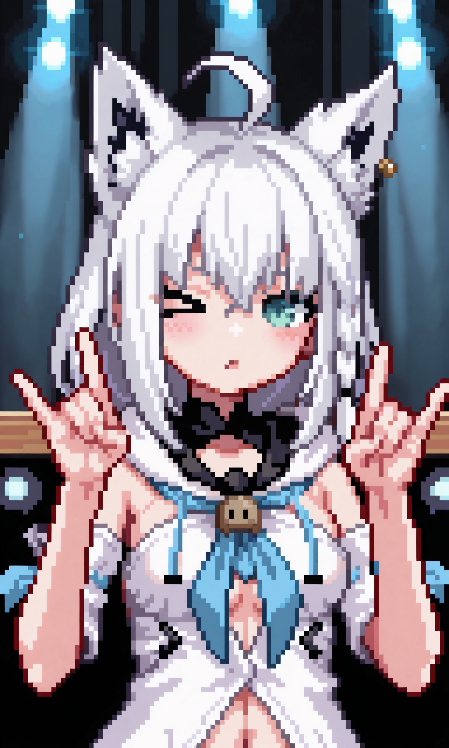 Shirakami Fubuki\(1st costume,small bust,perky bust\), on stage, looking viewer,>o・, fox gestures,portrait,hands up, ,masterpiece, best quality,  absurdres, newest,  very aesthetic, amazing quality,highres,sensitive,  highres, ultra detailed, best anatomy, HDR, 8K, high detail RAW color art, high contrast, large pupil,