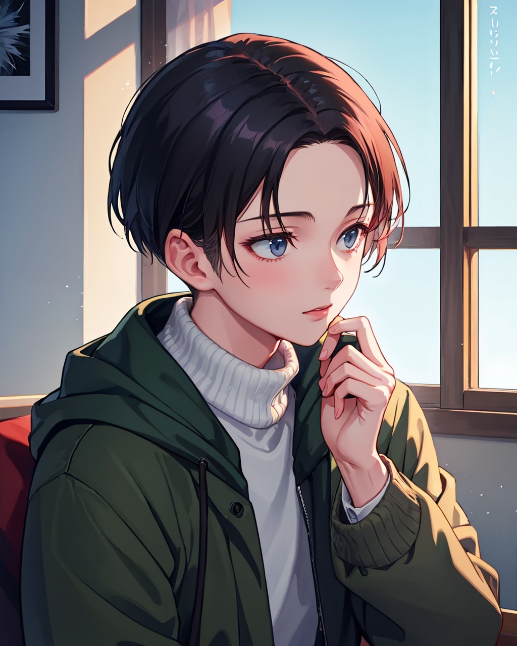 masterpiece,best quality, highly detailed, levi (shingeki no kyojin), sweater, turtleneck, 1boy, 1girl, closed mouth, upper body, looking away, window,<lora:levi_(shingeki_no_kyojin):1>