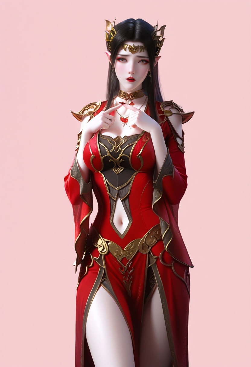 masterpiece,best_quality,(realistic:1.2),photorealistic,amazing quality,very aesthetic,absurdres,vibrant,newest,perfect body,detailled body,fair skin,pale_skin,velvet skin,curvy body,voluptuous body,skindentation,narrow waist,wide hips,full bust,curved silhouette,S-curve body,(wide pelvis:1.2),slim legs,(long legs:1.2),wide_shot,simple_background,Dusty Rose background wall,Pastel Peach background,(index fingers together, shy:1.2),1girl,solo,open_mouth,bright red lips,knee_blush,<lora:美杜莎-000009:1>,meidusha_(doupo cangqiong),battle through the heavens,meidusha01,jewelry,hair ornament,pointy ears,red dress,clothing cutout,necklace,red nails,shoulder cutout,elf,circlet,choker,navel,navel cutout,long sleeves,cleavage,black hair,