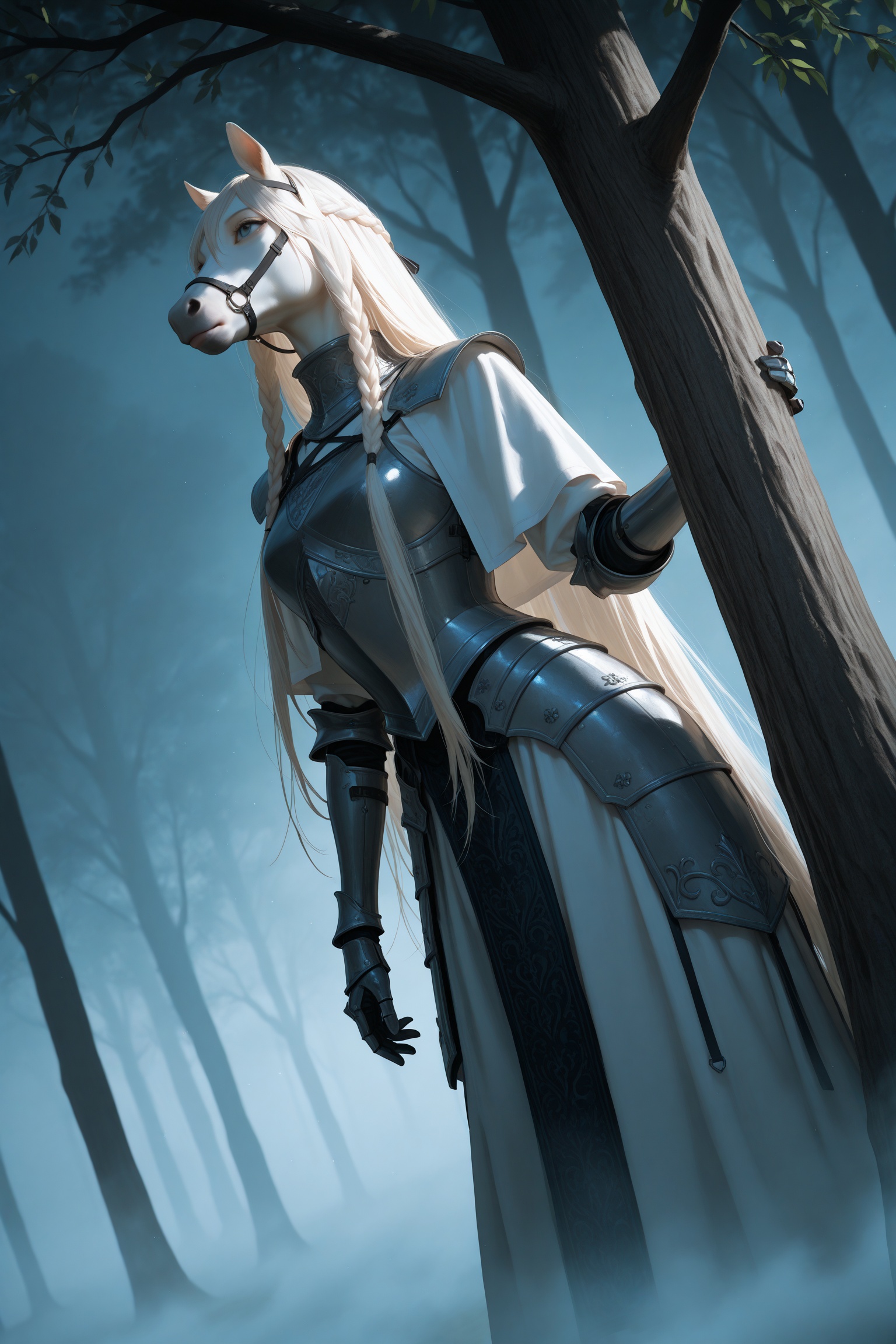 masterpiece,best quality,amazing quality,very aesthetic,absurdres,newest,extreme aesthetic,in the style of fashion photography,light particles,cinematic lighting,Visual impact,sharp focus,Emotionalization,depth of field,dutch angle,scenery,muted color,realistic,depth of field,1woman,armored dress,fog,dusk wood,leaning on a oak tree,a lone white horse,braided very long hair,:/,