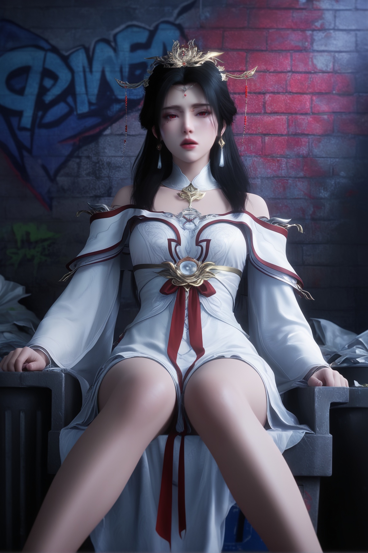 masterpiece,best quality,realistic,cinematic,detail eyes,(ultra-detailed),perfect composition,intricate details,absurdres,detailed face,high quality,high res,8K,<lora:X_yaoxixue_IL3.0:0.8>,black hair,red eyes,facial mark,1girl,long hair,breast,medium breast,hair_ornament,dress,white_dress,bare_legs,looking_at_viewer,sitting,sitting in the trash can,Graffiti wall,dim lighting,night,trash can,garbage heap,waste paper mass,moaning,trembling,motion lines,