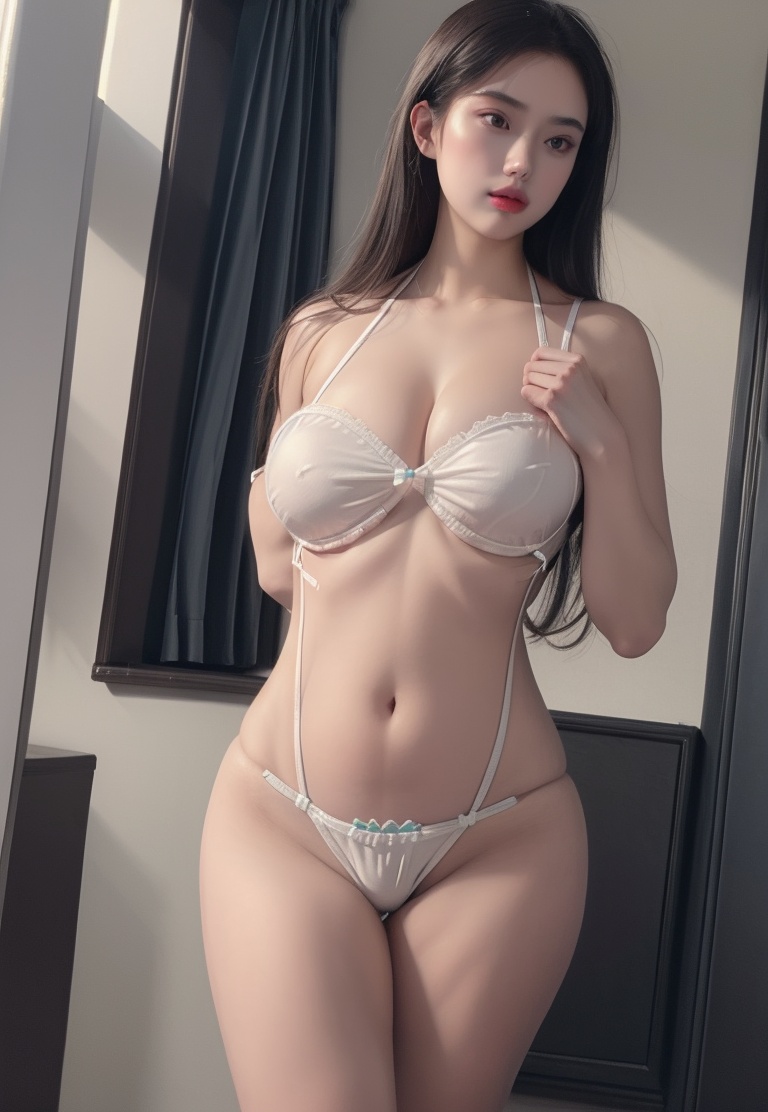(masterpiece, best quality:1.4),finely detailed,1girl,solo,pale skin,perfect body,standing,big breasts,bikini,bra,lingerie,panties,slingshot swimsuit,white bikini,white bra,white panties,<lora:性感白色弹弓比基尼-000006:0.8>,