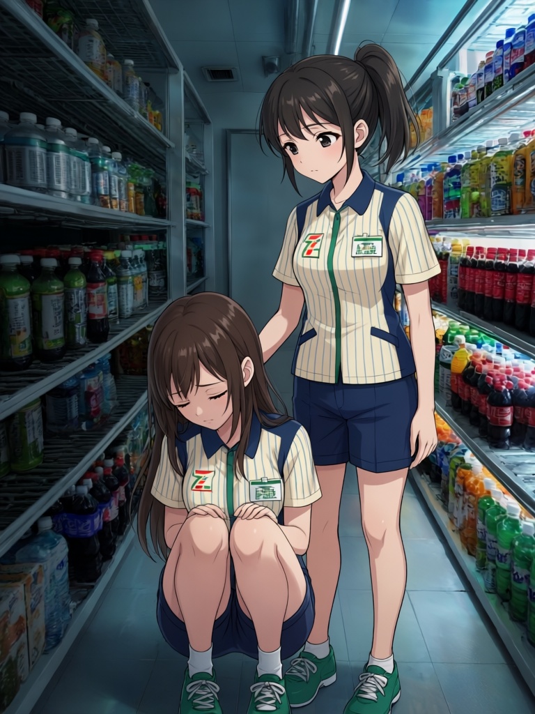 In this anime-style image,  two young women are inside a walk-in cooler,  storeroom interior on Tensor.Art
