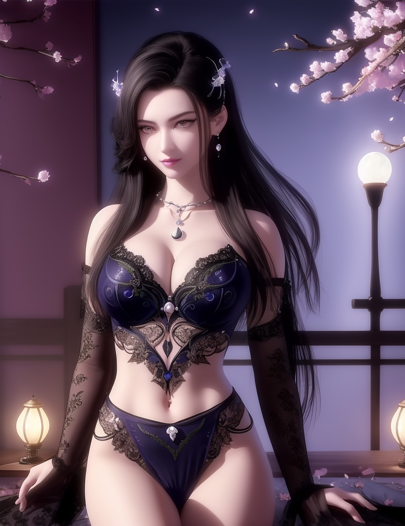 ultra realistic 8k cg, picture-perfect face, flawless, clean, masterpiece, professional artwork, famous artwork, cinematic lighting, cinematic bloom, perfect face, beautiful face, fantasy, dreamlike, unreal, science fiction,  beautiful clothes, lace, lace trim, lace-trimmed legwear,  (rich:1.4), prestige, luxury, jewelry, diamond, gold, pearl, gem, sapphire, ruby, emerald, intricate detail, delicate pattern, charming, alluring, seductive, erotic, enchanting, hair ornament, necklace, earrings, bracelet, armlet,halo((,1girl, pov,))(((,, 1girl, solo, moon, breasts, outdoors,cherry blossoms, cleavage, black_hair, hair_ornament, long_hair, jewelry,looking at viewer, ))) <lora:DA_CaoNvYao:0.6>