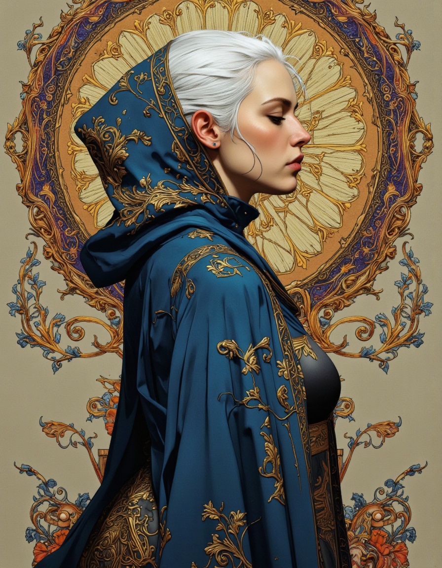 By Phandigrams. A digital illustration shoot from a profile camera angle about a portrait of a woman with white hair weari...