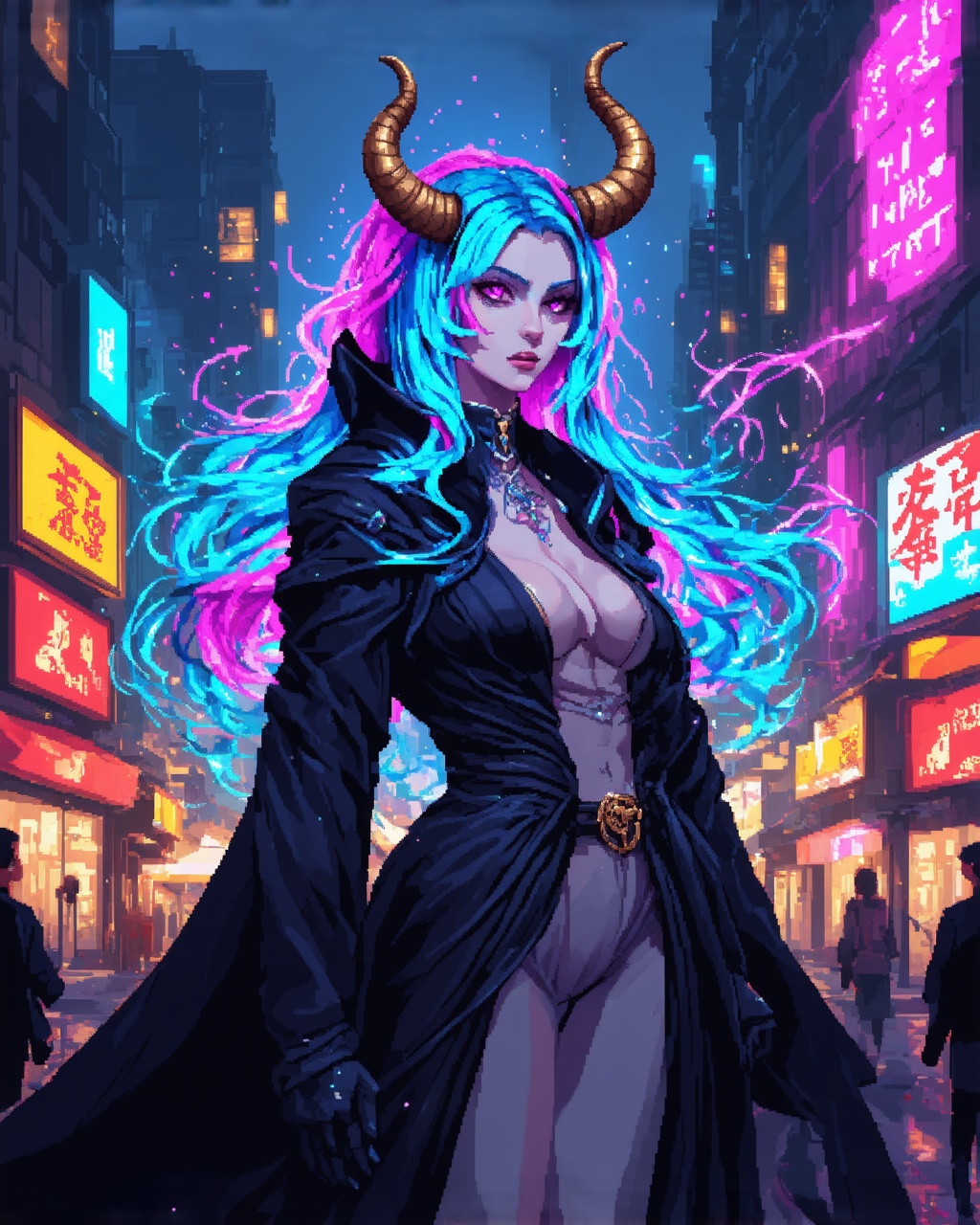 Detailed illustration Drenched in neon hues and exuding an aura of mystique, a charismatic enchanter with intricate horns and flowing electric blue hair with pink highlights where the light hits and glowing iridescent eyes captivates the viewer. This digital image, resembling a meticulously detailed painting, showcases the enchanter standing amidst a bustling cyberpunk cityscape. Every pixel is saturated with vivid colors, creating a mesmerizing contrast between darkness and light. The enchanter's intricate attire shimmers with holographic patterns, hinting at their otherworldly powers. This stunning depiction immerses viewers in a futuristic world where magic and technology intertwine seamlessly.,art_booster,Decora_SWstyle,DarkSynth,d1p5comp_style