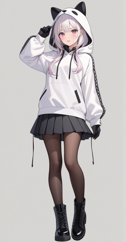 (best quality), ((masterpiece)), (highres), illustration, original, extremely detailed,solo, 1girl, pantyhose, boots, hood, purple eyes, black footwear, long sleeves, skirt, black skirt, sleeves past wrists, hood up, bangs, black pantyhose, full body, blush, pleated skirt, lace-up boots, cross-laced footwear, standing, white hair, looking at viewer, puffy long sleeves, puffy sleeves, parted lips, grey background, hand up, hoodie, white hoodie, white background, white jacket, long hair, black gloves, drawstring, jacket, two-tone background, gloves, animal hood
