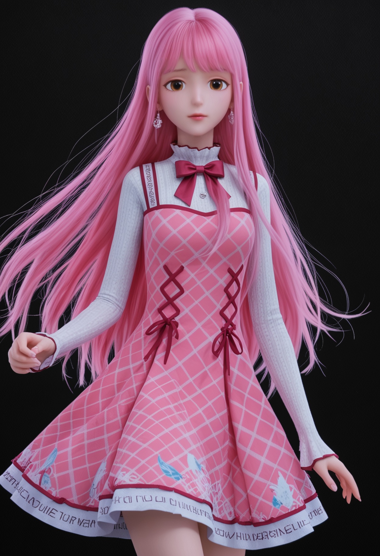 (upper_body:1.2),(looking at viewer:1.1),facing viewer,direct gaze,<lora:YQ_pony_nuannuan_fuzhuang18_V4:0.8>,q1528437228,1girl,solo,long hair,pink hair,dress,long sleeves,brown eyes,bow,jewelry,earrings,pink dress,bowtie,blunt bangs,shoes,socks,high heels,BREAK (white skin:1.1),(fair skin:1.1),(Ivory skin:1.1),(shiny skin),perfect anatomy,(simple background,pure black background,black background:1.1),