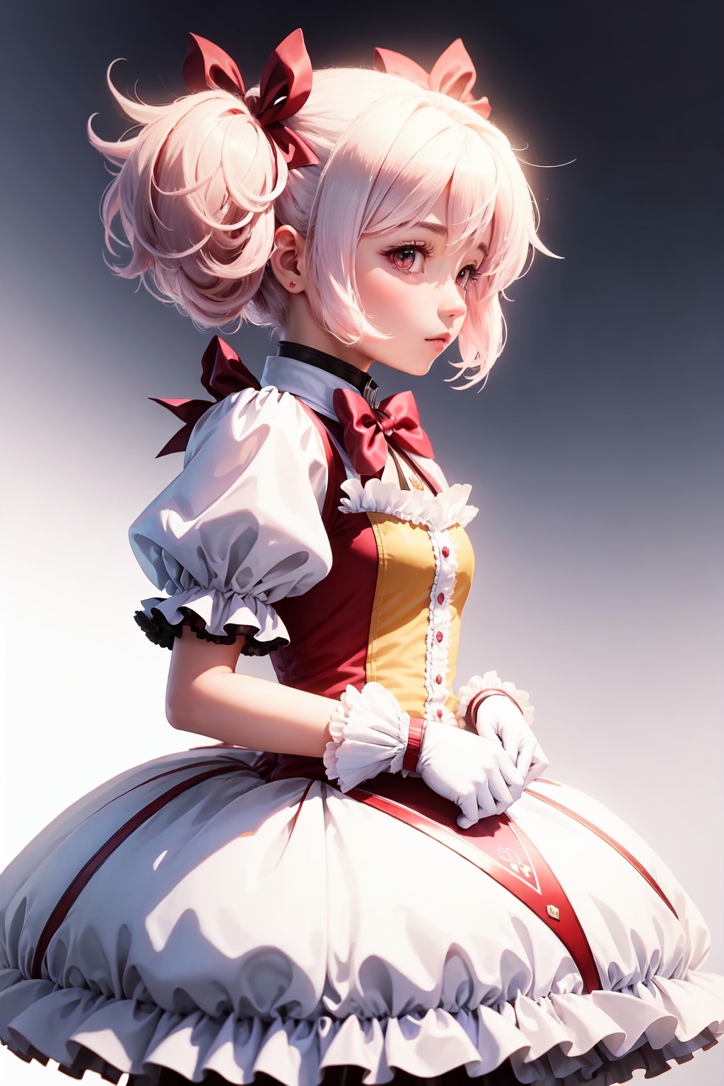 masterpiece,best quality, highly detailed, kaname_madoka,1girl,solo,short_twintails,white_gloves,magical_girl,puffy_short_sleeves,looking_at_viewer,white_background,blush,simple_background,hair_ribbon<lora:kaname_madoka:1>,simple background,white background