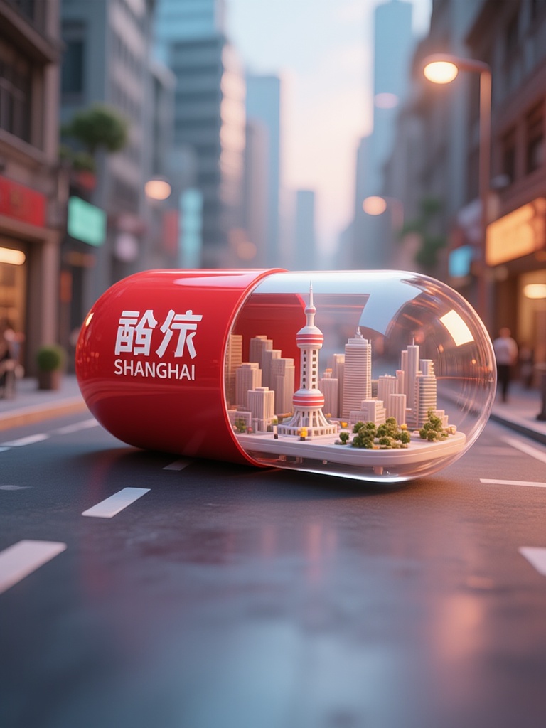 A high-resolution CGI image depicts a red pill bottle with "Shanghai" in white characters on its side. Inside the bottle is a miniature cityscape of Shanghai, complete with iconic buildings like the Oriental Pearl Tower and skyscrapers. The background features a blurred urban street with modern buildings and streetlights, bathed in soft, warm light, suggesting either dawn or dusk. The image combines realism and fantasy, blending the actual city with a tiny, detailed model.<lora:S-T-胶囊城市丨城市地标-S1.6:1>