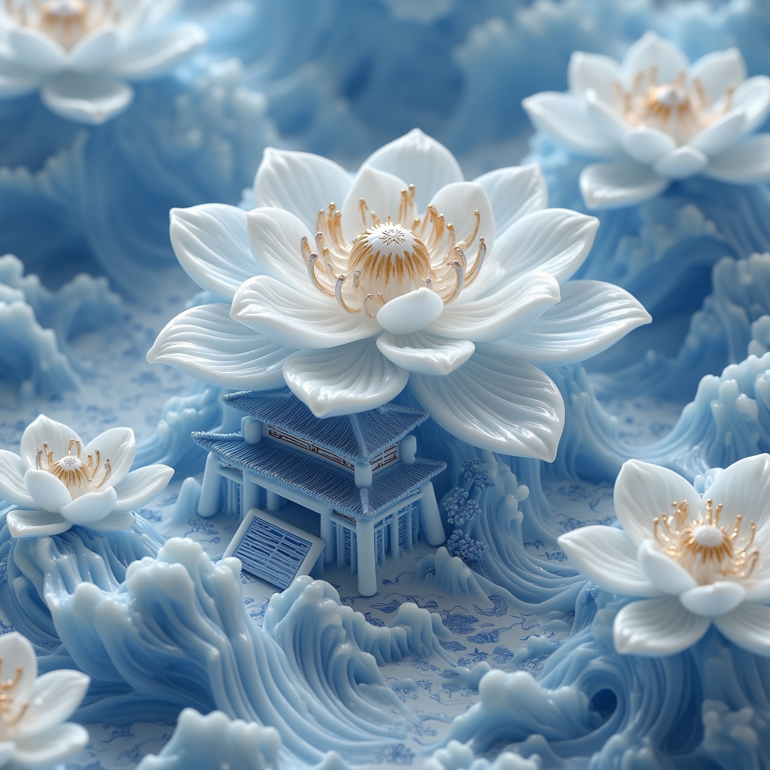 <lora:YY青花瓷F.1:1>,blue and white porcelain style,Glistening lotus flower::-1Mini ancient Chinese architecture,Tian Gong,porcelain texture shimmering,golden lotus,auspicious clouds,ancient Chinese architecture,feeling of paradise::2Clean light blue background,Unreal Engine,cinematic lighting,UHD,super detailed::1Made in ice,3D rendering,