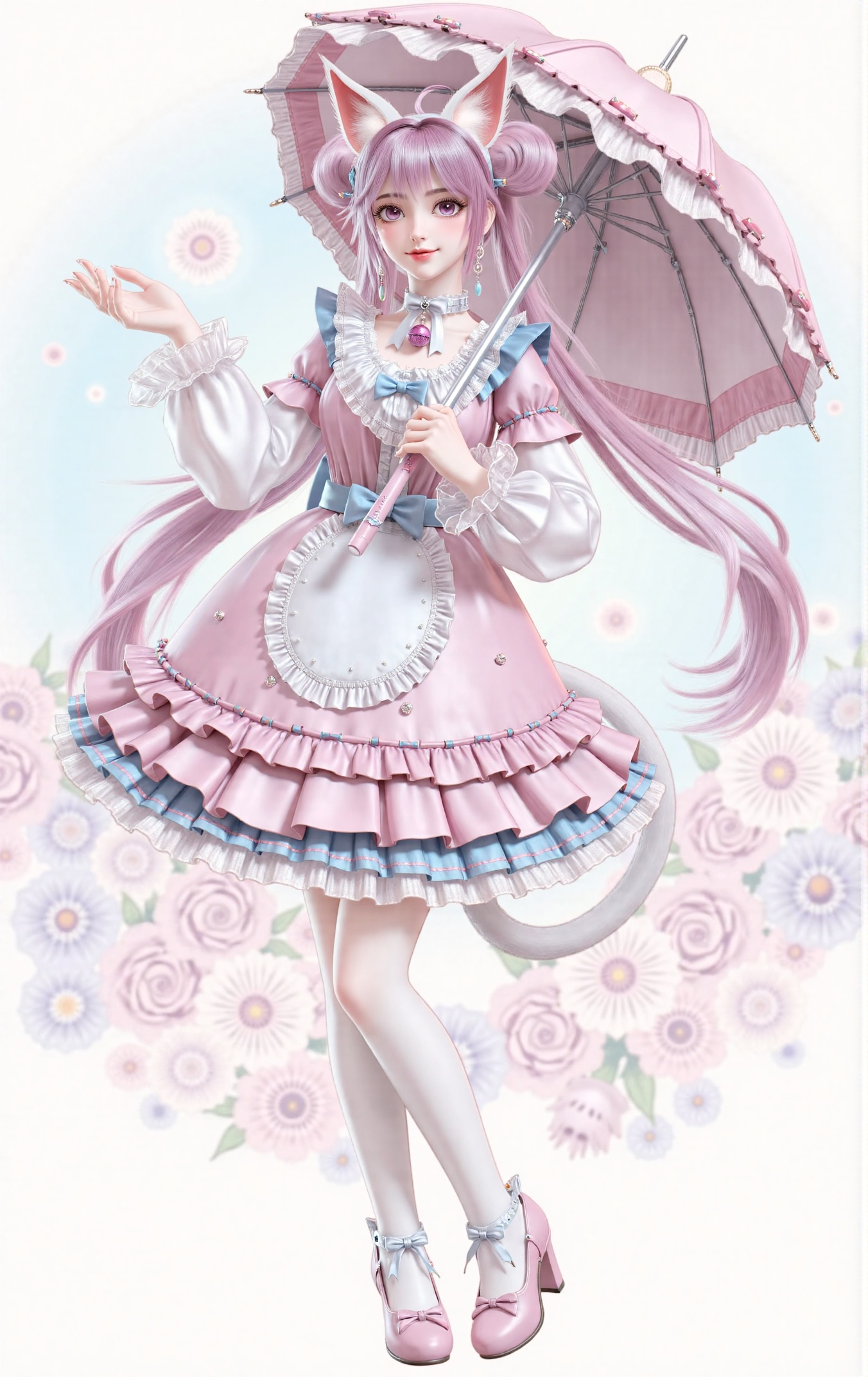 (best quality),((masterpiece)),(highres),illustration,original,extremely detailed,<lora:Secondary World Series·Loli:0.7>,Xiaoli,1girl,umbrella,solo,heterochromia,maid,parasol,high heels,flower,full body,apron,smile,looking at the audience from the side,Xiaoli is a girl with long lavender or light purple hair styled in twin buns,sometimes with bangs framing her face. She has large expressive eyes,one blue and one purple (heterochromia),pale skin,and red lips. Cat ears are either part of her hairstyle or worn as a headband,along with possibly having a cat tail.,She wears a frilly pink and blue maid outfit featuring:,- A frilly pink and white dress with blue accents,- White lace collar and cuffs,- Blue bow at the neck or chest,- Optional thigh-high stockings,- Pink choker with a dangling bell or heart pendant,- Large silver hoop earrings,- Silver choker with a pink gem,Her pose is elegant and playful: holding an umbrella or parasol,standing full-body shot,smiling gently while looking sideways at the viewer. The overall look blends elements of fantasy and cute maid outfits.,Background suggestions include soft pastel colors,whimsical or magical settings,such as a cozy room or an enchanted garden.,