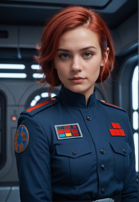 score_9, score_8_up, score_7_up, source_photorealistic, 1girl, solo, red hair, pulled-back hairstyle, shoulder-length hair, uniform, Star Wars, dark spaceship command room scene