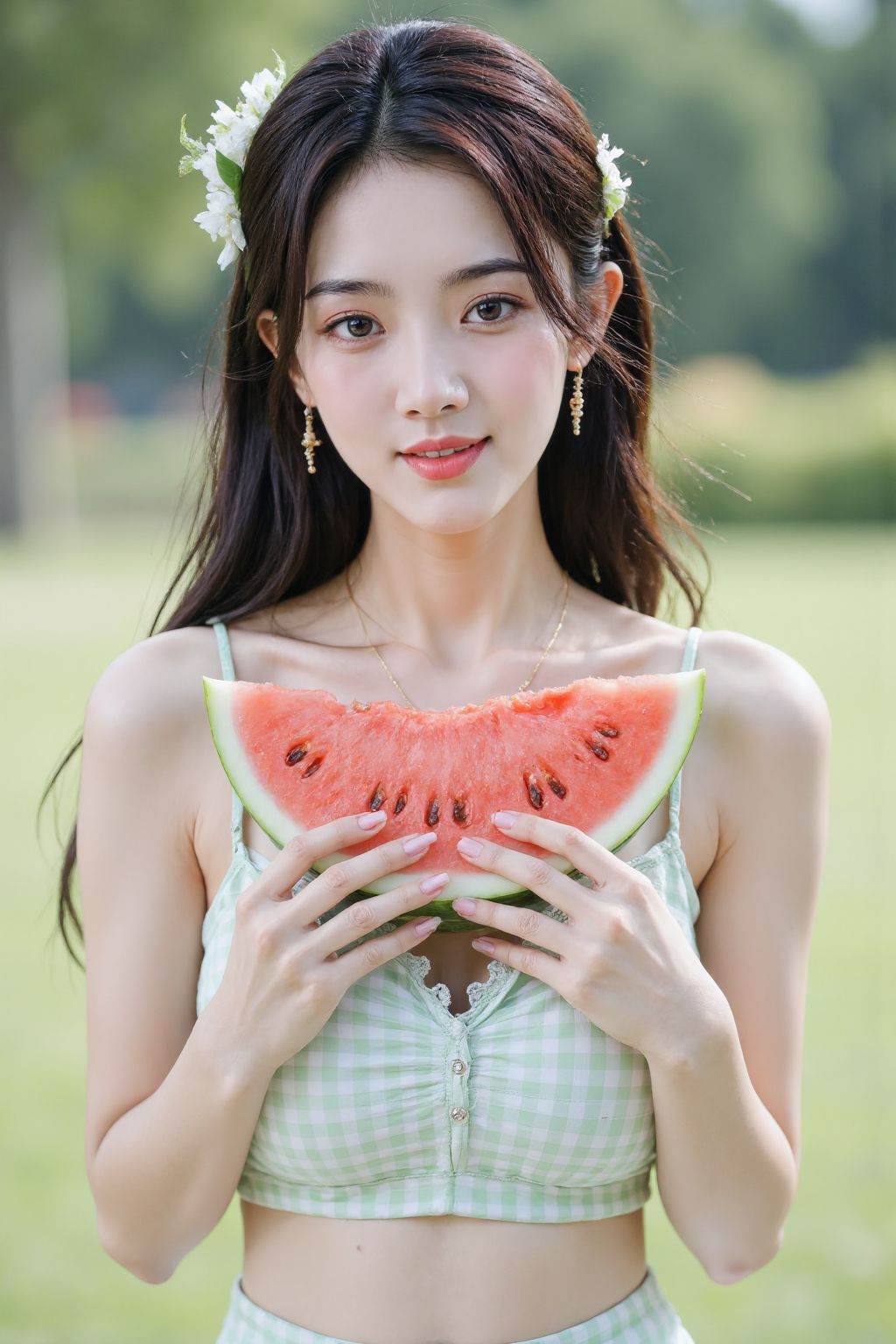 The image is a high-resolution photograph featuring a young Asian woman with fair skin and long straight black hair, styled in a loose ponytail with a few strands framing her face and smile. Her hair is adorned with a small, delicate bouquet of white flowers and green leaves, adding a touch of natural beauty. She is wearing a light green and white checkered crop top with thin spaghetti straps and a lace-trimmed neckline, revealing her shoulders and upper arms. Her expression is calm and gentle, with subtle makeup that highlights her natural features, including pink blush and a soft pink lip color. She is holding a large, fresh watermelon slice in front of her chest, the vibrant red flesh contrasting with the dark green rind. The watermelon is positioned centrally, with the curved, striped interior facing the camera, showcasing its juicy, refreshing appeal. The background is outdoors, which keeps the focus on the subject and the watermelon. The overall composition is clean and minimalist, emphasizing the natural beauty and freshness of the watermelon and the subject's serene demeanor. The lighting is soft and even, enhancing the texture and color of both the subject and the watermelon.