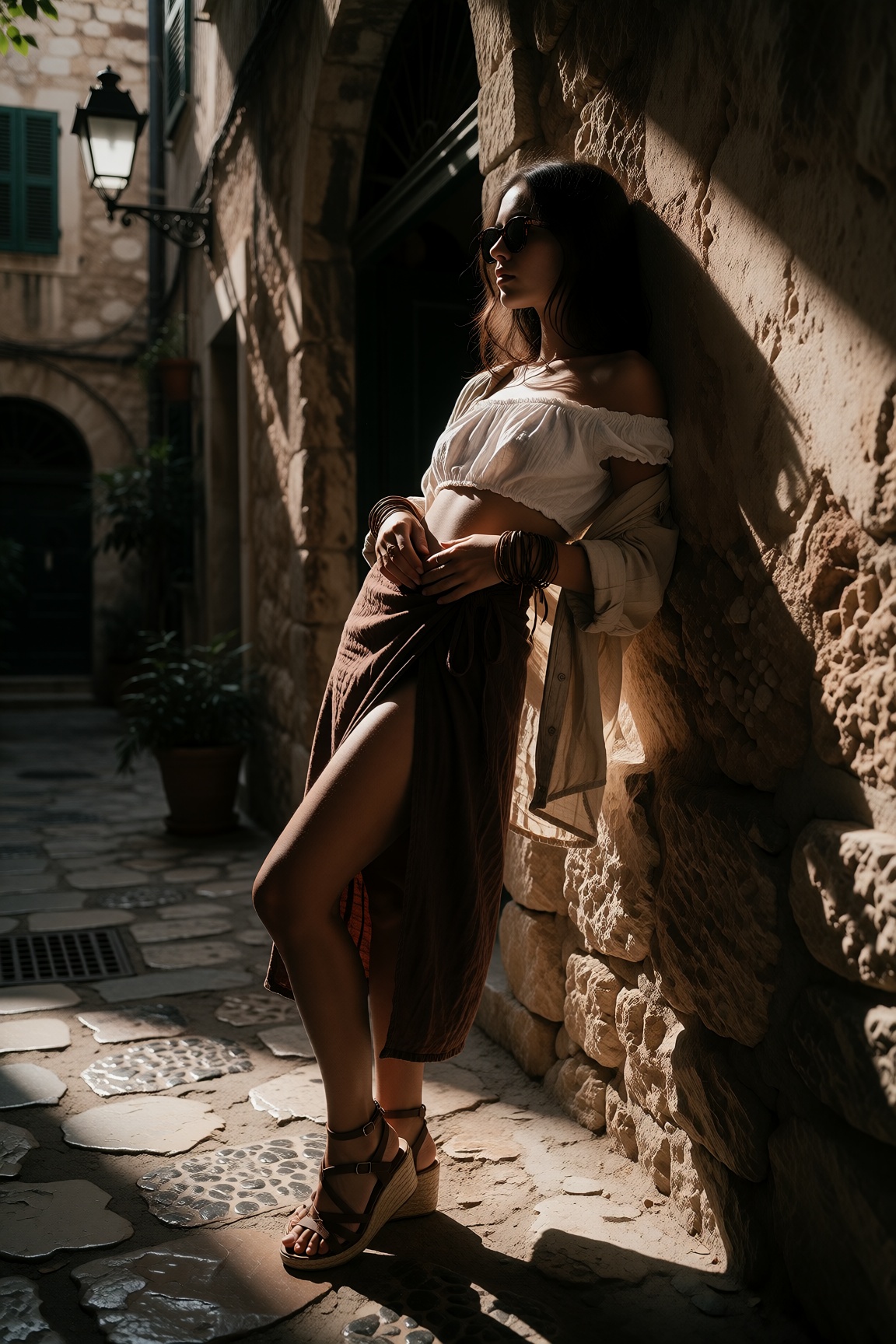Photograph of a slender,  dark-haired woman leaning against a sunlit,  stone wall in a narrow by Tianchimp on Tensor.Art
