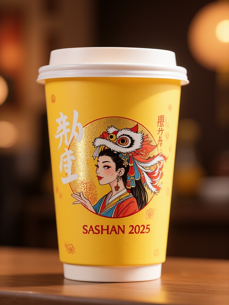 sz,a yellow paper cup with a white lid, adorned with a colorful, stylized illustration of a Chinese woman wearing a traditional headdress. The background features a blurred, bokeh effect with warm, ambient lighting. The cup reads "SASHAN 2025" in bold white letters.<lora:S-T-包装设计_S1.6:1>