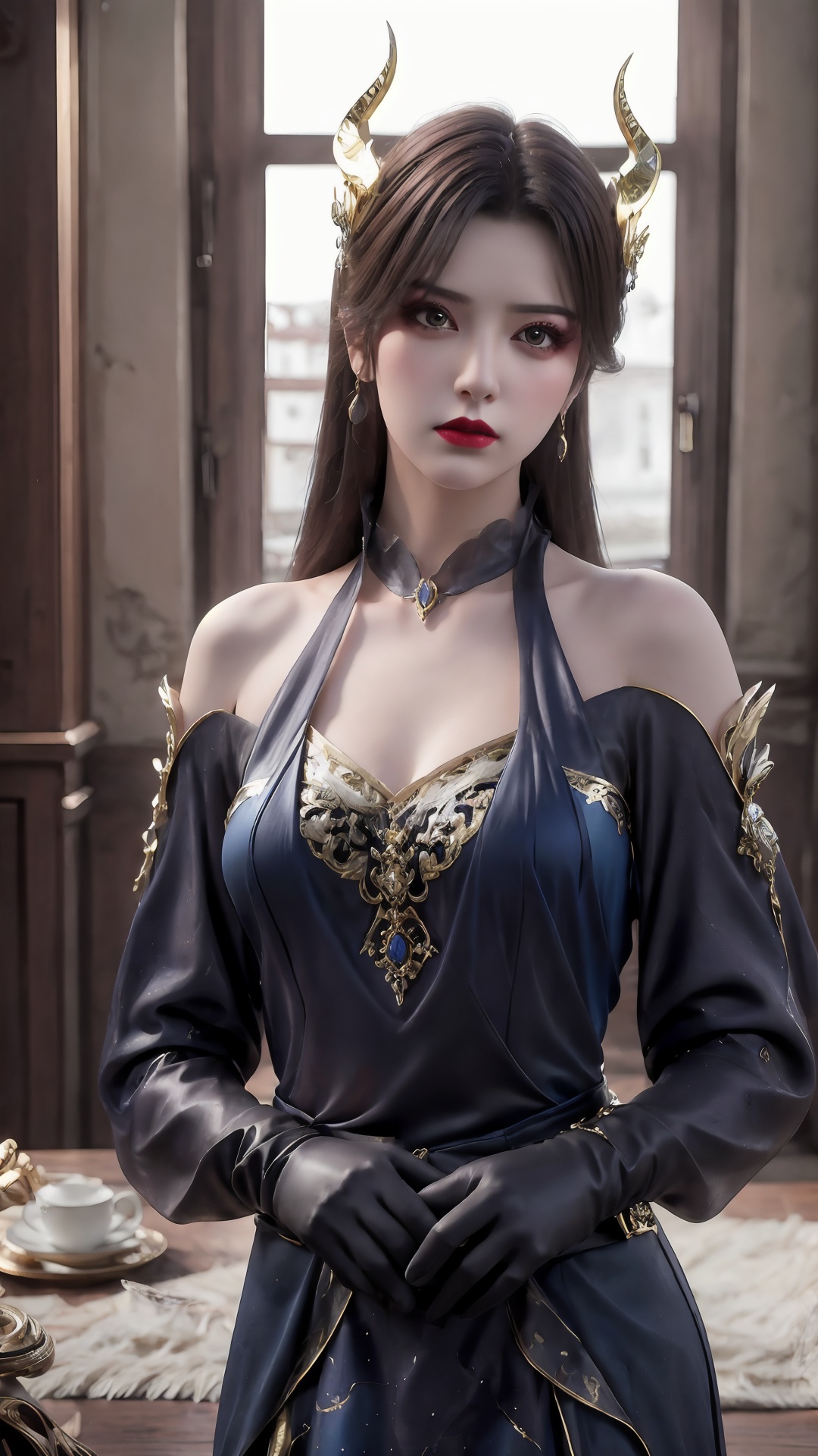The image is a portrait of a young woman with long dark hair and red lipstick. She is wearing a blue and black outfit with gold accents and horns on her head. The outfit has a high neckline and long sleeves, and she is also wearing black gloves. The woman is standing in a room with a window and a table in the background. She has a serious expression on her face and is looking directly at the camera. The overall mood of the image is dark and mysterious..,<lora:1.5曹颖(10):0.8>,