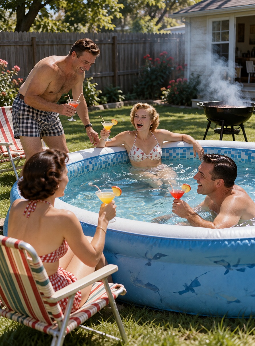 A group of adults enthusiastically testing a brand-new backyard inflatable swimming pool that is clearly far too small for...