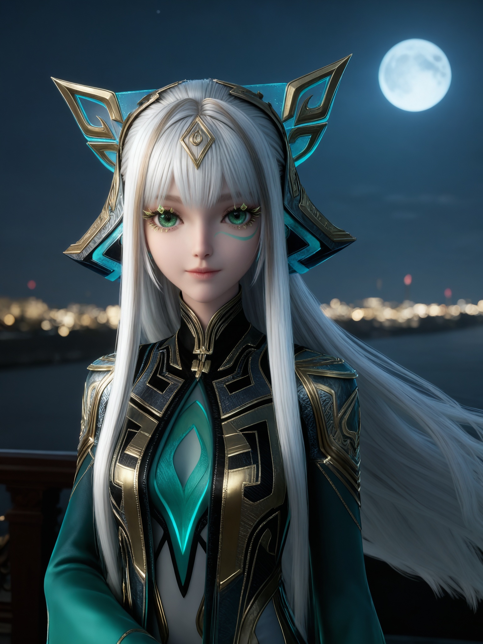 <lora:少司缘-巫礼祀神IL:0.8>,1girl,long,flowing white hair,green eyes,headpiece,luxurious,high-collared,form-fitting teal and gold,with intricate patterns outfit,high collar,long,flowing sleeves,, 1girl,solo,shiny,shiny_hair,upper_body,fair_skin,white_skin,shiny_skin,shiny,Ivory_skin,looking at viewer,cinematic lighting,volumetric lighting,solo focus,blurry background,depth of field,night,sky,night sky,full moon,moonlight,