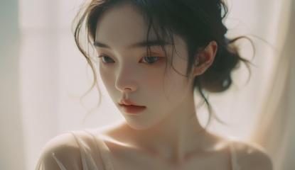 Surreal,film photography aesthetic,vintage aesthetic,A soft-focus portrait, a young Asian woman, delicate features, large expressive eyes, a gaze directly engaging the viewer, hair styled in a messy bun, sheer black attire allowing a hint of skin, natural light casting a warm glow, subtle high-key tones, emphasis on innocence and allure, ethereal and dream-like aesthetic, gentle blur imparting a sense of intimacy and softness, composition highlighting the subject's upper body and face, minimalist background ensuring focus remains on the woman's visage and poise.,
