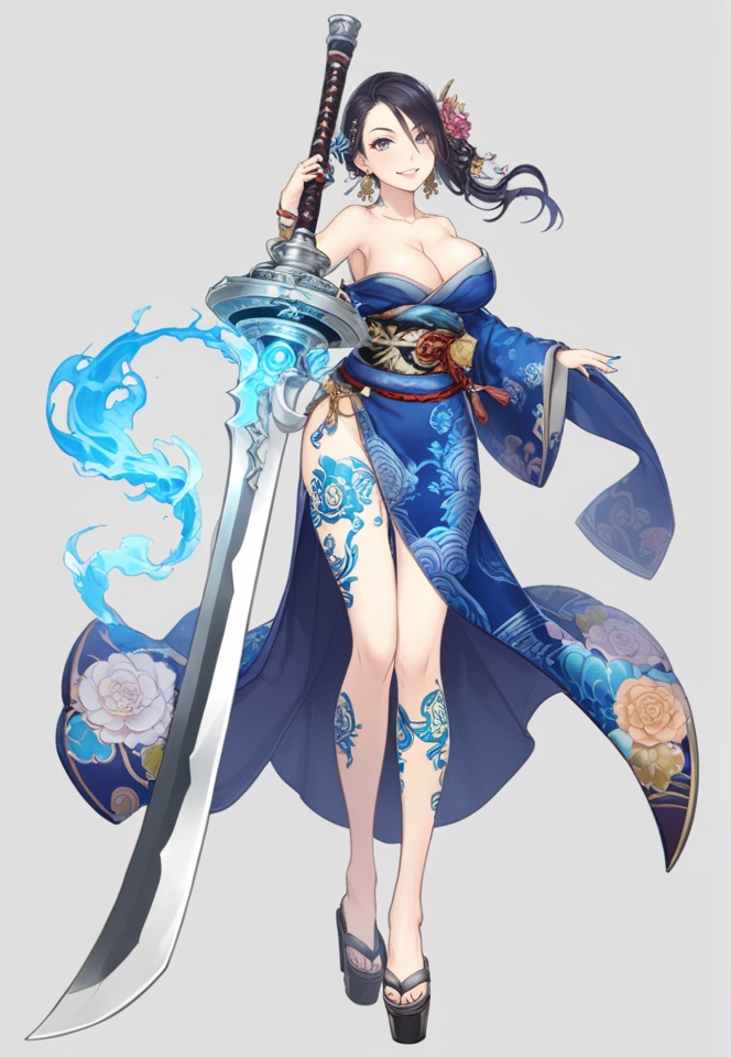 (best quality), ((masterpiece)), (highres), illustration, original, extremely detailed,   <lora:死の爱丽丝:0.7>1girl, solo, tattoo, breasts, weapon, sword, full body, okobo, japanese clothes, kimono, white background, large breasts, looking at viewer, jewelry, hair ornament, smile, earrings, sandals, cleavage, black hair, leg tattoo, holding weapon, flower, huge weapon, nail polish, hair flower, grey eyes, bare shoulders, platform footwear, holding sword