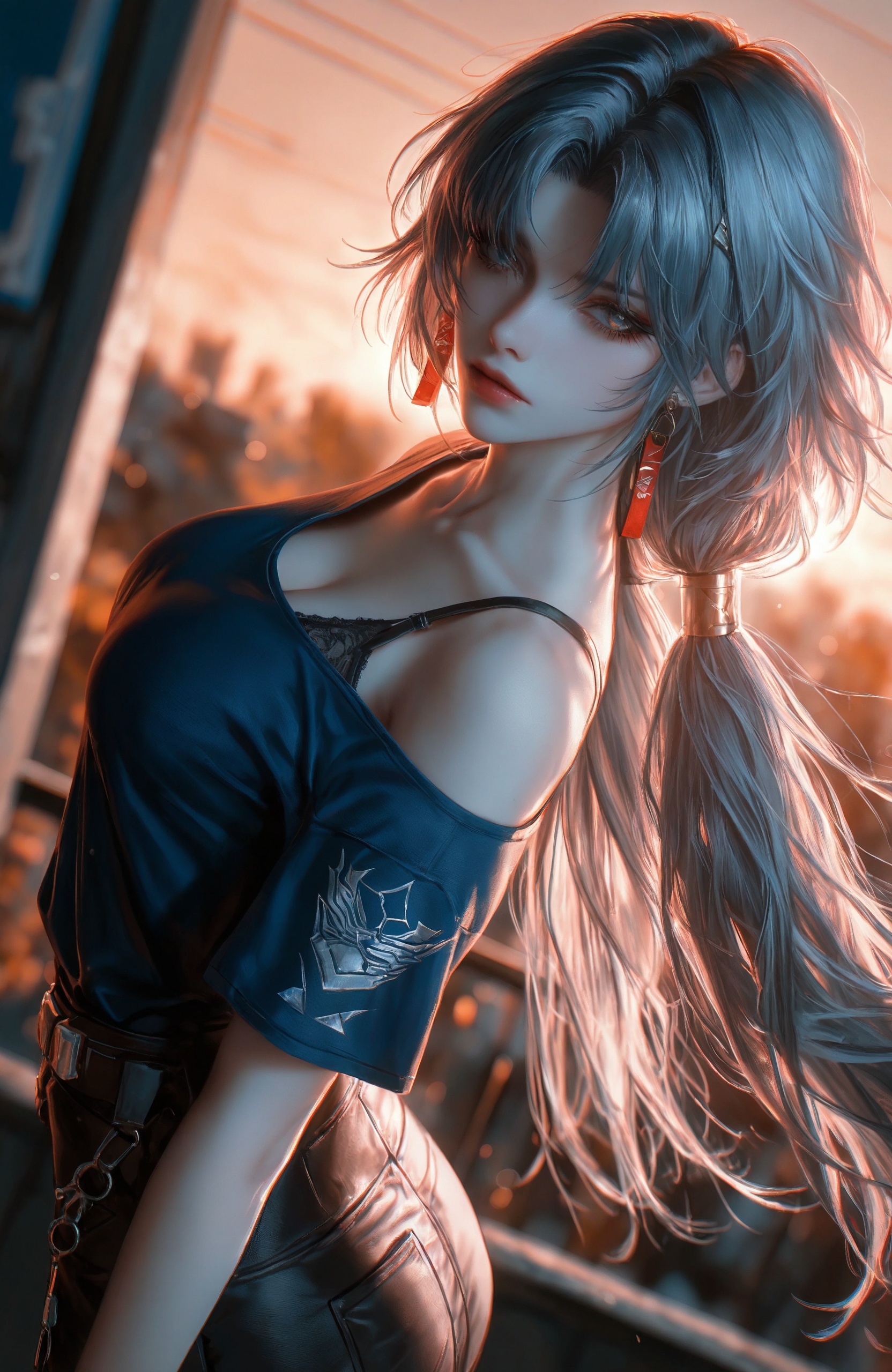 masterpiece,best quality,good quality,very awa,newest,highres,absurdres,wind,limited palette,h4ra_illu,dutch angle,dynamic pose,artist:john_kafka,artist:nixeu,artist:quasarcake,chromatic aberration,film grain,high contrast,color contrast,cold colors,gritty, missing one shoulder,cleavage,deep v,bra strap,blue t-shirt,,carlotta montelli\(wuthering waves\),1girl,solo,long hair,grey hair,jewelry,earrings,breasts,parted bangs,medium breasts,