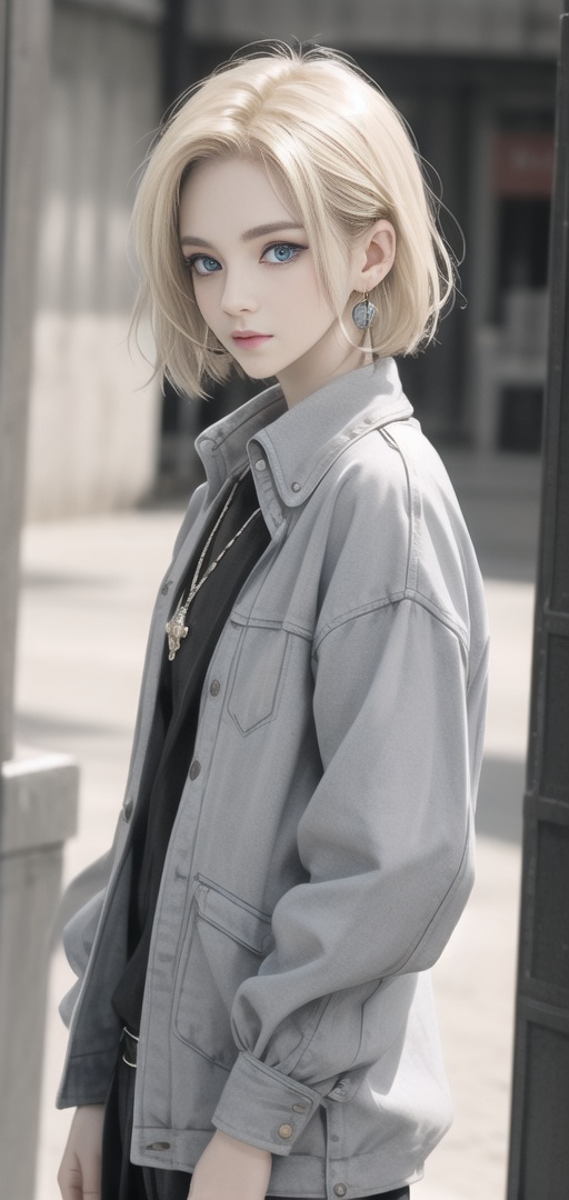 18hao,1girl,solo,blonde hair,blue eyes,earrings,jewelry,short hair,looking at viewer,android 18,<lora:18hao:0.8>,