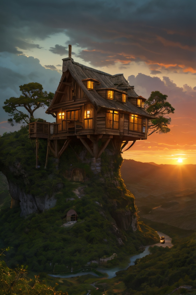 oia stunning,valley, fairytale treehouse village covered, , matte painting, highly detailed, dynamic lighting, cinematic, realism, realistic, photo real, sunset, detailed, high contrast, denoised, centered, michael whelan