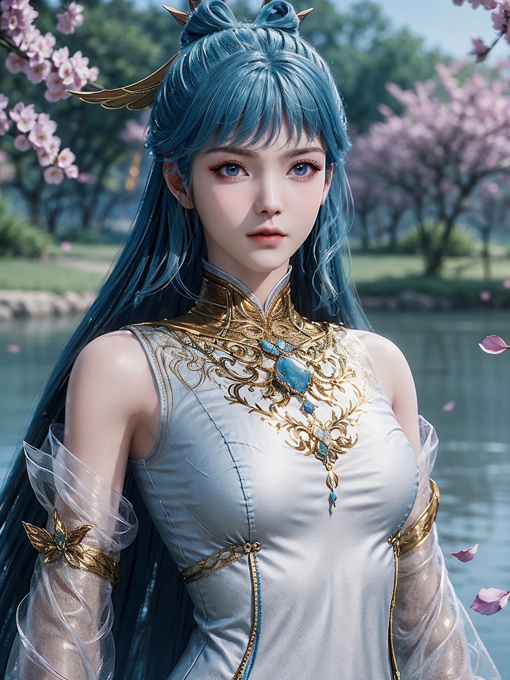 <lora:lora:0.85>,wangdong,1girl,solo,closed mouth,blue hair,hair rings,(hair ornament),jewelry,detached sleeves,high collar dress,(looking at viewer),outdoors,day,nature,lake,falling petals,blurry background,(upper body),3d,game cg,