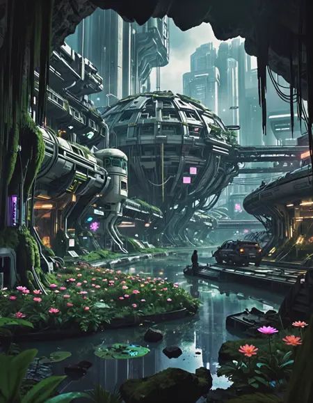 bioluminescent flowers,  nature and technology blend,  futuristic decay on Tensor.Art
