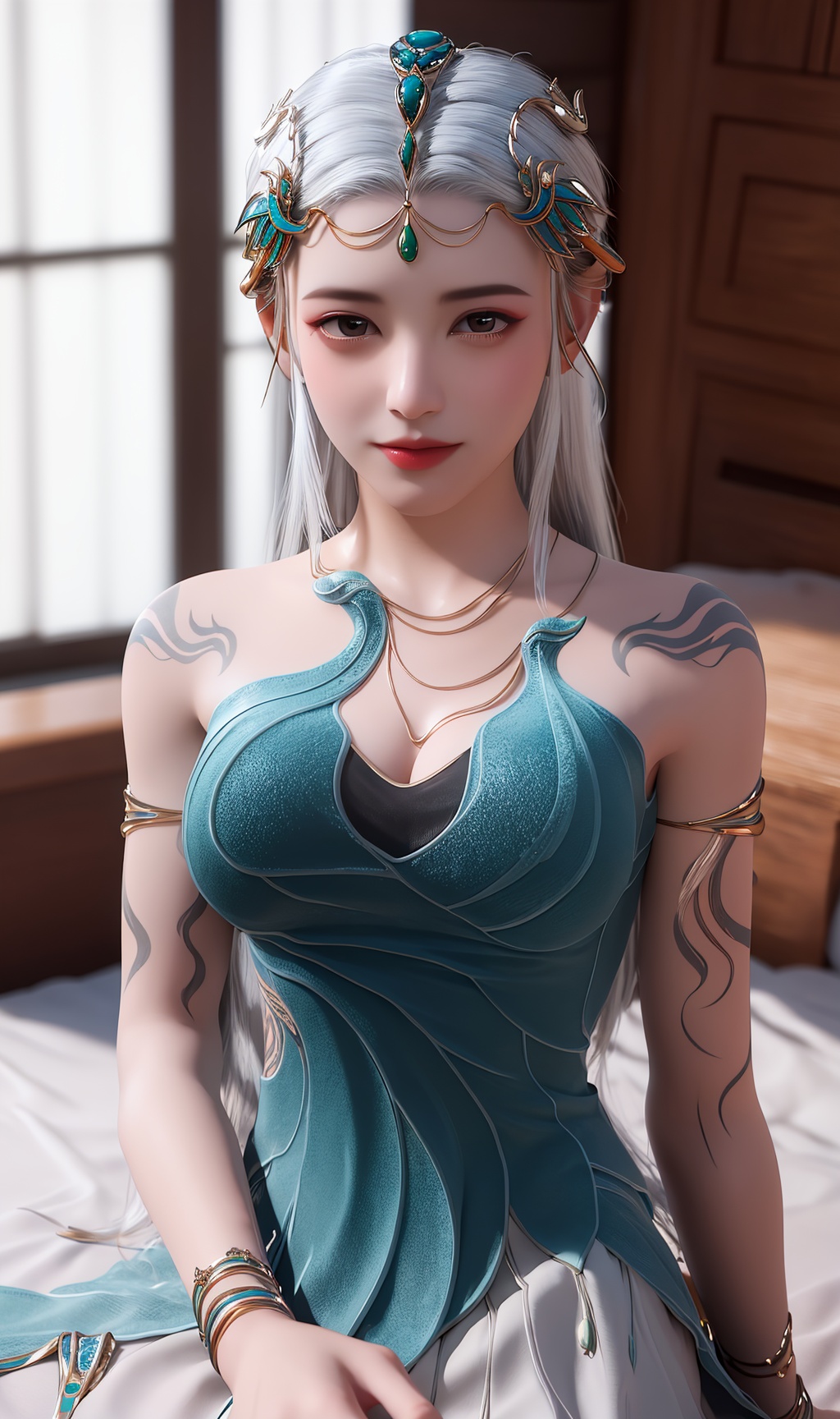 masterpiece,(best quality),3d,official art, extremely detailed cg 8k wallpaper,((crystalstexture skin)), (extremely delicate and beautiful),highly detailed,1girl,solo,long hair,headwear,(sitting,sit down),(white hair),((dress,skirt)),, (chinese_clothes), ((tattoo)), (jewelry), (bracelet),((upper body)),sweet smile, (medium breasts),((hair_ornament)),(cleavage:0.797), (sunshine, indoor,(bed)),((looking_at_viewer)),((Facing the camera)), <lora:hipoly3DModelLora_v10:0.3> 