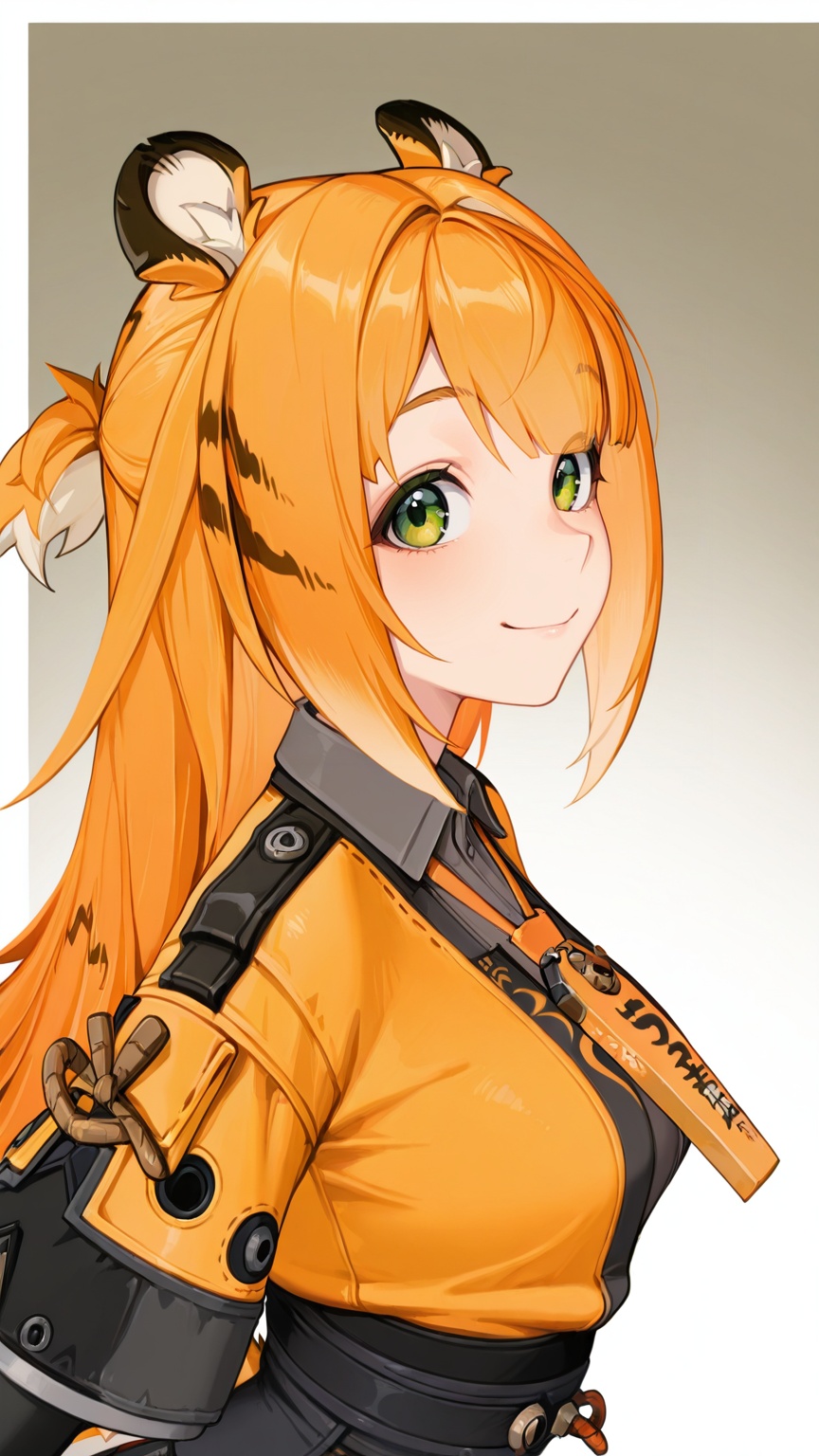 masterpiece,best quality,amazing quality,<lora:jufufu-000016:0.8>,ju fufu\(zenless zone zero\),1girl,solo,tiger tail,tiger ears,green eyes,orange hair,upper body,<lora:houtu2:0.8>,houtu2,1girl,solo,breasts,looking at viewer,long hair,smile,