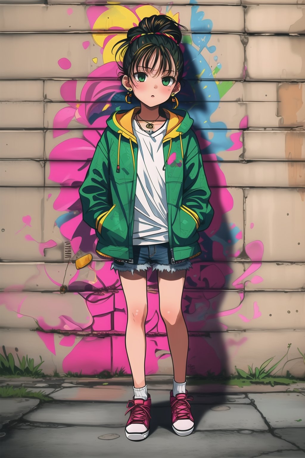 best quality,masterpiece,illustration,earrings,,hand in pocket,Denim shorts,an extremely delicate and beautiful,extremely detailed,CG,unity,8k,wallpaper,Amazing,finely detail,1 girl, solo, street, graffiti, white short sleeved, denim jacket, denim shorts, sneakers, spray painting,graffiti on the wall, hip-hop, street culture, <lora:秘密花园:0.8>,