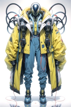 no human, solo, sci-fi, robot, full body, blue costume, yellow pants, red cable, cable, tube, jacket, wire