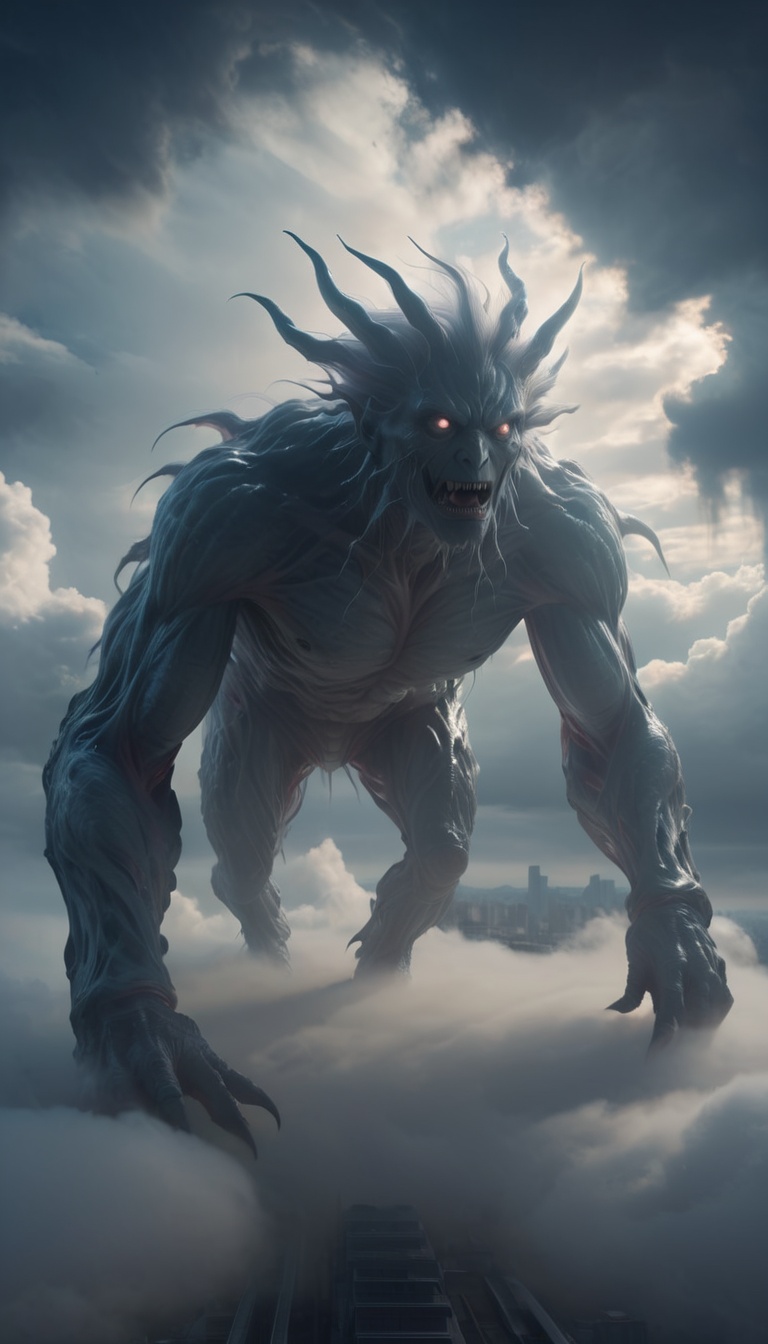 <lora:xl-shanbailing-1215白棱monster-000002:0.9>,bailing_monster,a huge monster passes through the clouds,outdoors,(1girl:0.3),city,mitsu_masaya,cloudy,megalophobia,centered composition,ultimate light and shadow,UHD,8k resolution,cinematic lighting,extremely low angle shooting,