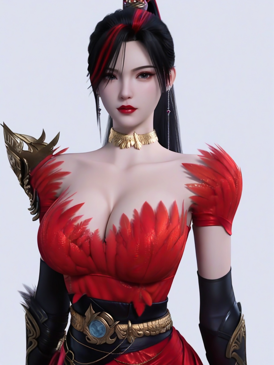 score_9,1girl,solo,breasts,large breasts,lipstick,black hair,red dress,choker,two-tone hair,eyelashes,feathers,ponytail,earrings,belt,looking at viewer,white background,simple background,<lora:SF_ZhaoXiangEr_Pony_Realism2.3-000004:0.7>,
