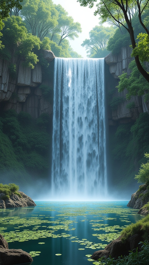 painting of a waterfall with lily pads in a lake surrounded by trees,painting by john howe,epic rivendell fantasy,ferdinand knab background,fantasy matte painting,cute,detailed matte fantasy painting,rivendell,bekskinski,Christophe Vacher,intricate matte painting,ferdinand knab,highly detailed matte painting,exquisite matte painting,Michael James Smith,amazing exquisite matte painting,beautiful oil matte painting,style of alan lee and john howe,very beautiful matte painting,beautiful matte painting,insanely detailed matte painting,thomasz alen kopera,high fantasy matte painting,hyperdetailed matte painting,waterfall in asteroid field,lothlorien,tomasz alen kopera,fantasy landscape painting,extravagant matte painting,a detailed matte painting,(waterfall),with trees and waterfalls,nebula waterfalls,matte fantasy painting,