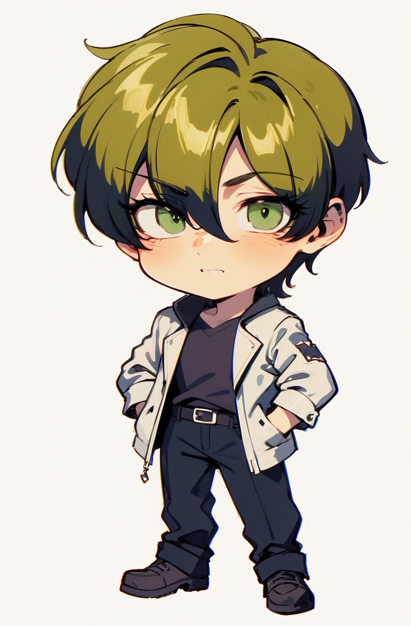 ultra highres,masterpiece,best quality,short hair,green eyes,white hair,open jacket,1boy,spiked hair,looking away, ,chibi,full body,shoes,simple background, retro artstyle,1990s \(style\),