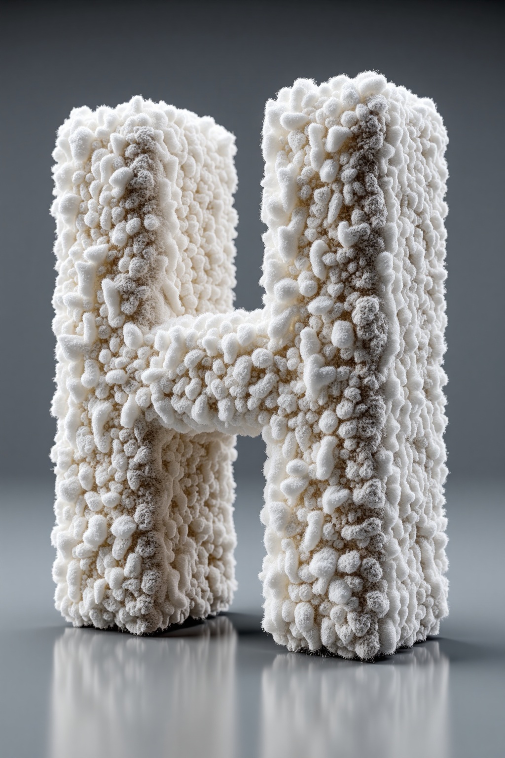 beijihui,The image shows a 3D model of a letter "H" **** from a textured,fluffy material that resembles soft,plush fabric. The "H" is white and has a fluffy,almost cloud-**** appearance,giving it a unique and tactile look. The background is a gradient of dark to light gray,providing a neutral backdrop that makes the "H" stand out prominently. The surface of the "H" is slightly reflective,suggesting a polished or glossy finish. The image is well-lit,with the light source coming from the top left,casting subtle shadows and highlighting the texture of the "H".,