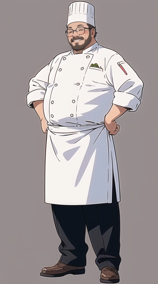 (best quality), ((masterpiece)), (highres), illustration, original, extremely detailed,jjj, chef, 1boy, male focus, solo, chef hat, hat, glasses, closed eyes, simple background, smile, full body, white background, facial hair, pants, standing, shoes, black pants, hands on hips, brown footwear, facing viewer, apron, fat