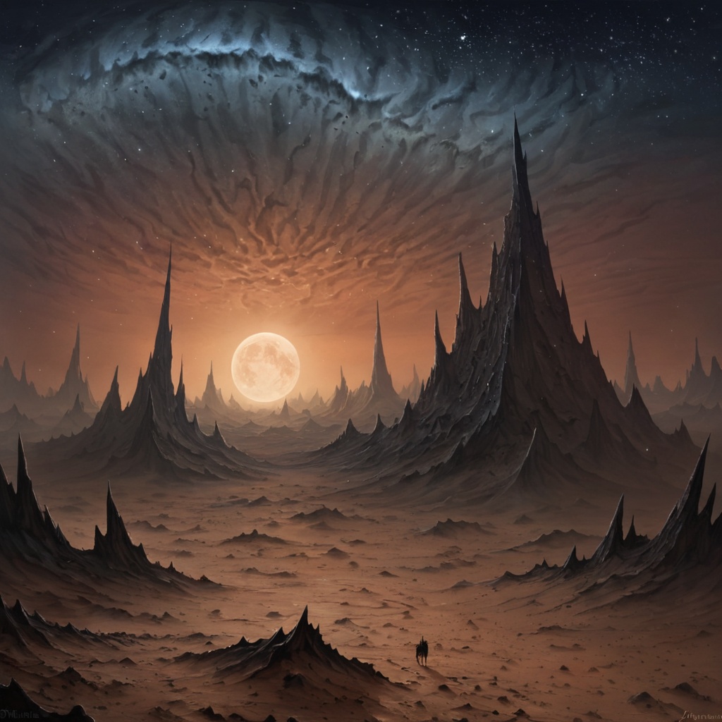 A surreal moonscape,  where jagged peaks rise from a barren expanse of dust,  and strange on Tensor.Art