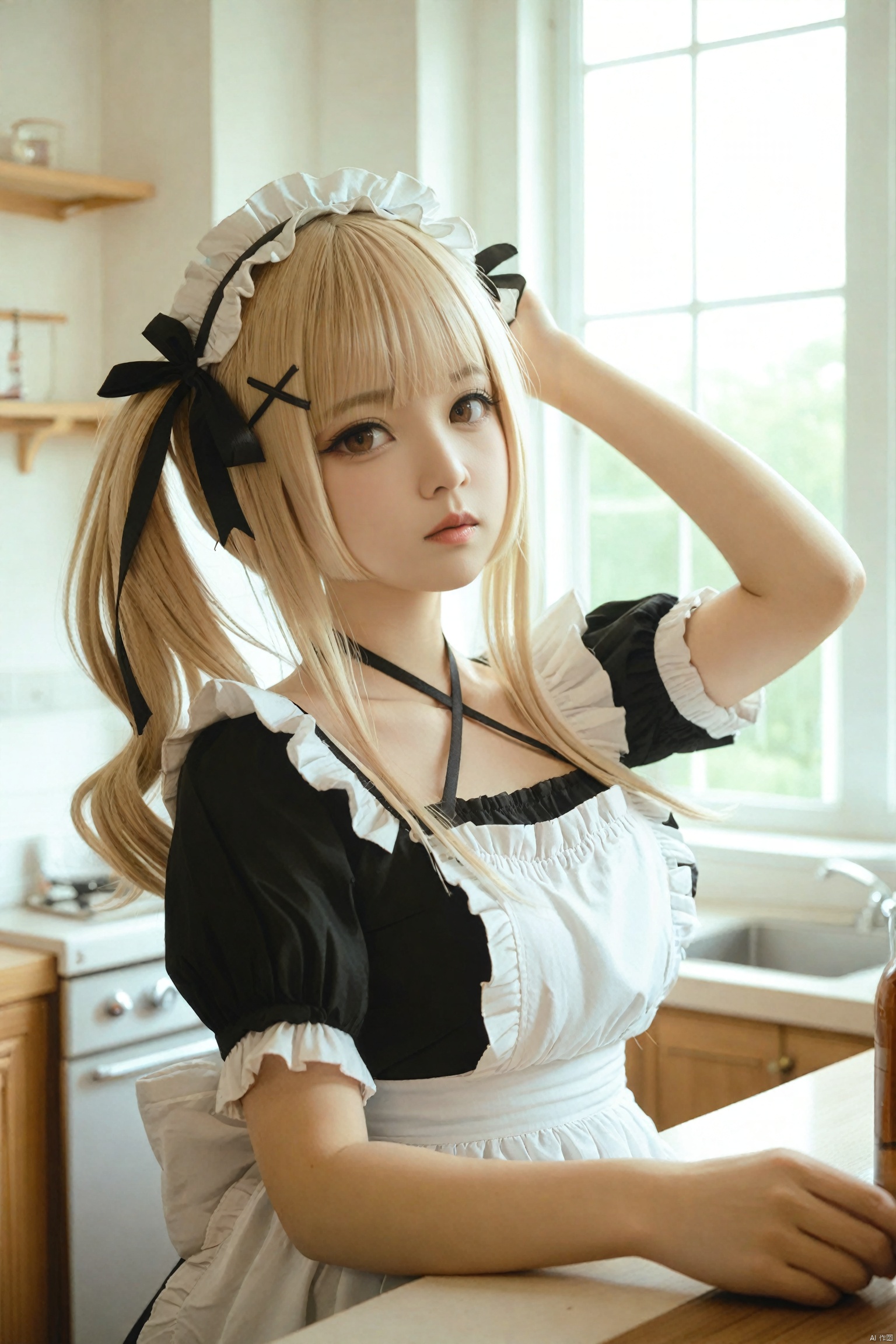 masterpiece,Realism,best quality,loli,1girl,solo,blonde hair,realistic,indoors,drill hair,kitchen,frills,hair ornament,black dress,dress,bare shoulders,x hair ornament,apron,blurry,hairband,sink,looking at viewer,detached sleeves,maid headdress,maid,halterneck,lolita hairband,hairclip,twintails,blunt bangs,brown eyes,gothic lolita,twin drills,ribbon,black ribbon,window,marie rose,photorealistic,bathroom,choker,lolita fashion,blurry background,arm up,collarbone,hair ribbon,lips,white apron,closed mouth,scrunchie,long hair,tiles,upper body,frilled dress,criss-cross halter,frilled sleeves,tile wall,frilled hairband,short sleeves,depth of field,nail polish,medium hair<lora:EMS-288516-EMS:0.000000>, <lora:EMS-300688-EMS:0.000000>, <lora:EMS-301024-EMS:0.300000>, <lora:EMS-339656-EMS:0.000000>, <lora:EMS-324355-EMS:0.000000>, <lora:EMS-344883-EMS:0.000000>
