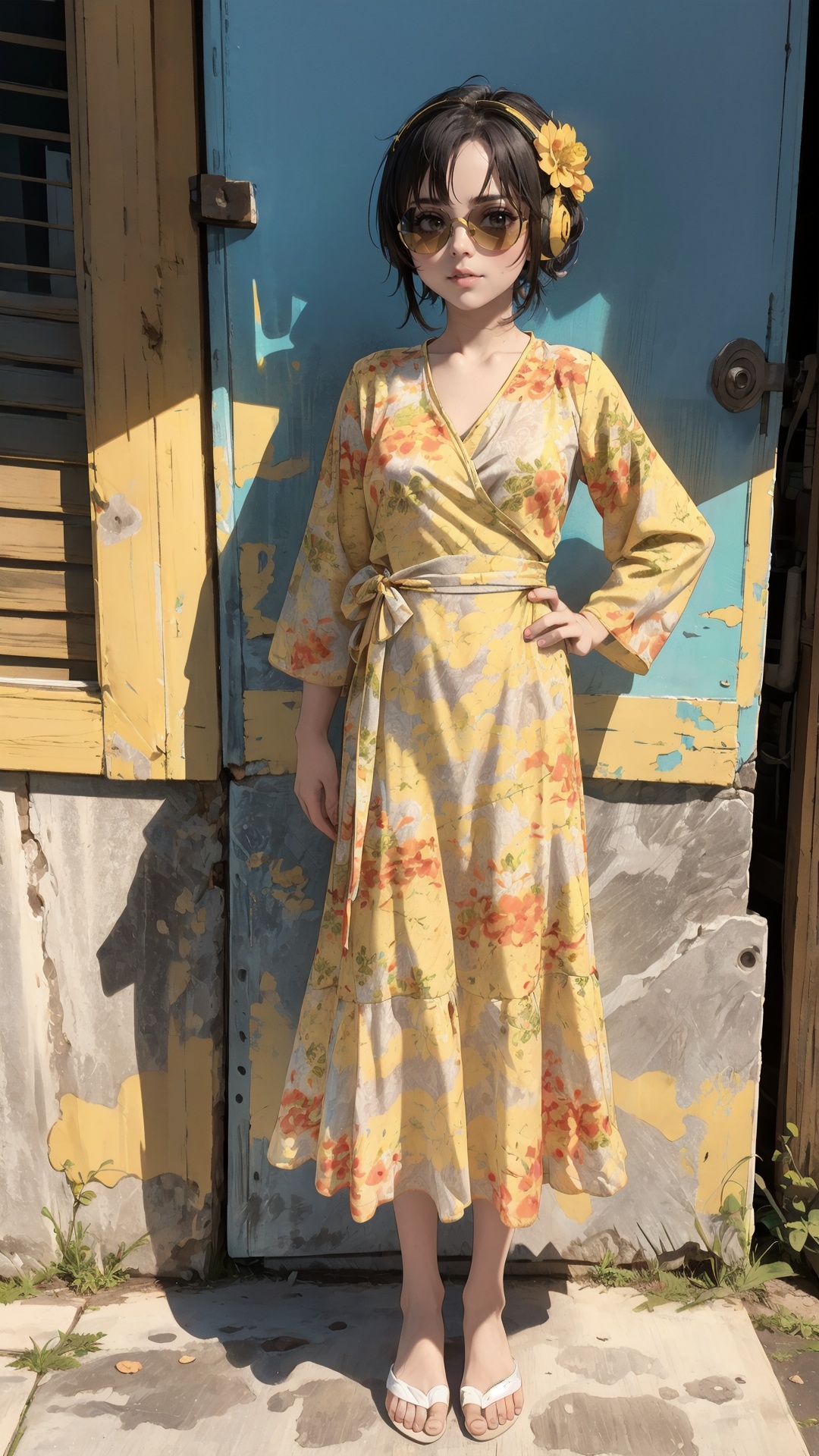 tutututu,dress,yellow flower dress,long sleeves,obi,<lora:yellow_dress_V2-000006:0.65>,dj cat ,turquoise hair,  black sunglasses , full body , headphones