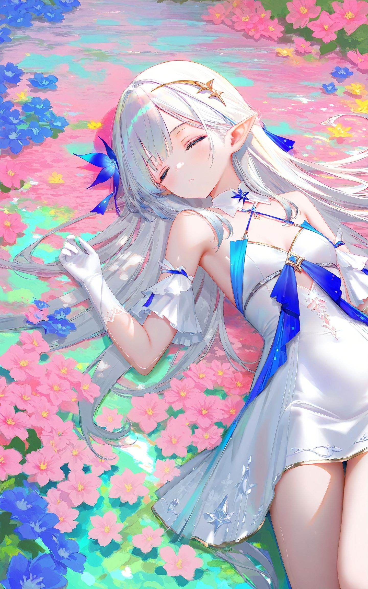 1girl,solo,long hair,gloves,dress,bare shoulders,closed eyes,flower,white hair,lying,detached sleeves,pointy ears,white dress,sleeping,(wlop:0.8),((artist:reoen),(artist:fuzichoco),(artist:atdan),(artist:torino_aqua),year 2024:0.8),[artist:wlop],[artist:ningen_mame],artist:ciloranko,[[artist:rhasta]],artist:tidsean,colorful,best quality,very aesthetic,absurdres,32K UHD,sharp focus,best-quality,Emotionalization,temperate atmosphere,with a high-end texture,in the style of fashion photography,Dynamic,dynamic force picture,(Visual impact:1.2),impactful picture,